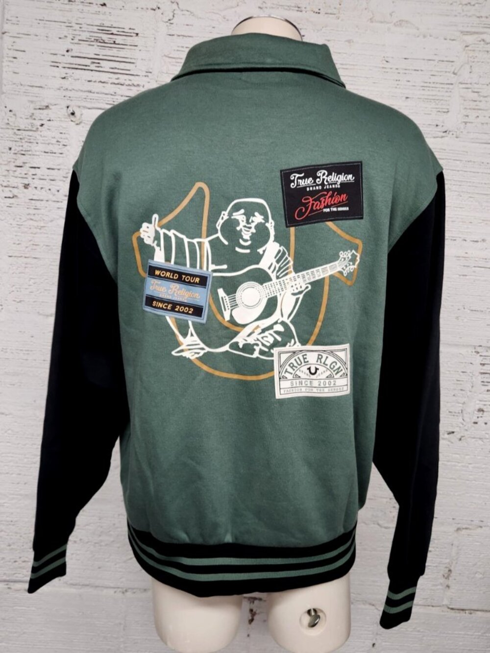 NWT True Religion Size L Green & Black Patch Logo Fleece Varsity Style Jacket